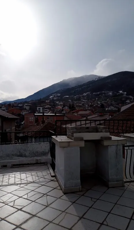 Snow on the mountains, seen from the guest house terrace
